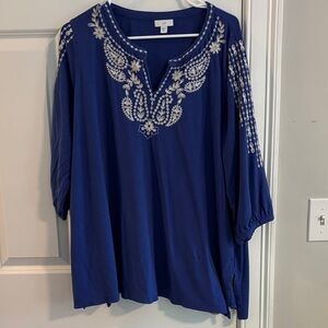 J. Jill Royal Blue Blouse with White Embroidery